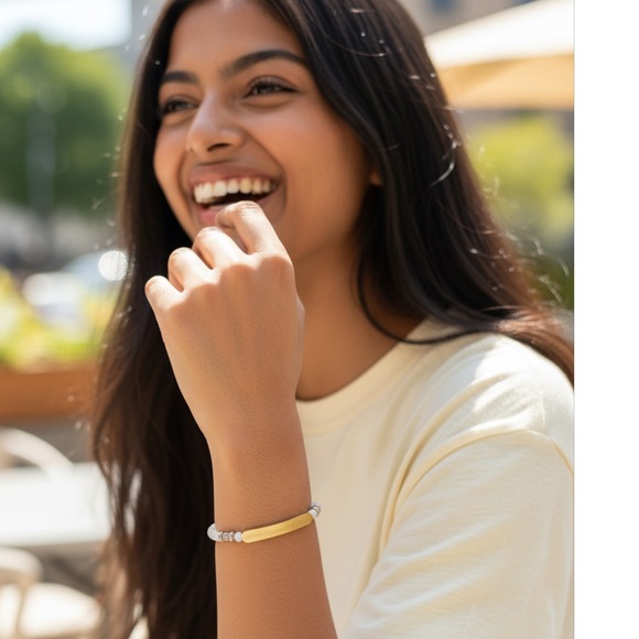 Elegant Plunder White Beaded Stretch Bracelet | Gold Bar Minimalist Jewelry - Picture 3 of 5